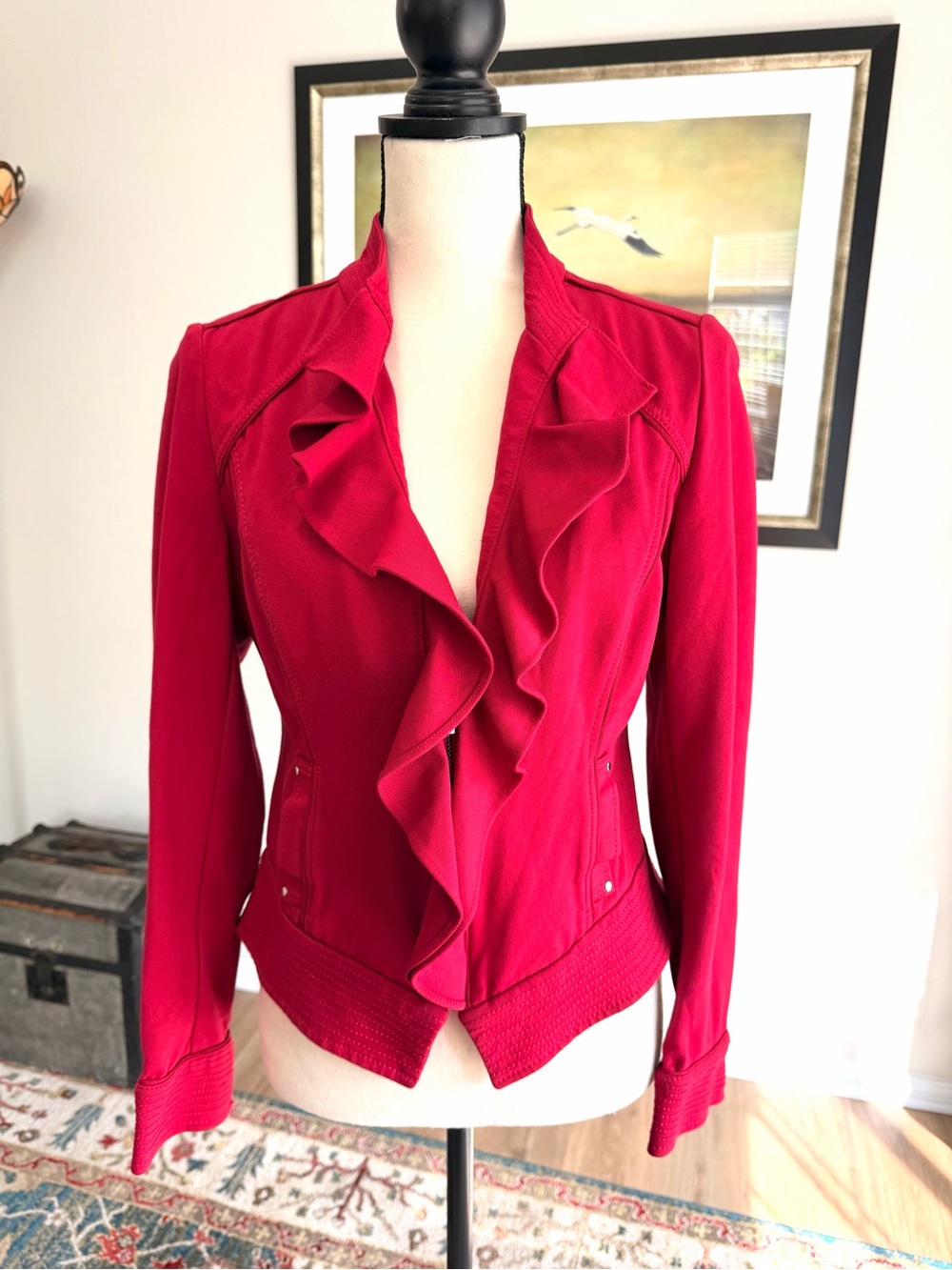 White House Black Market Red Ruffle Moto Jacket Blazer Size 8